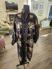 Antique Chinese Black Silk Embroidered Robe Gold Crane Floral Motif