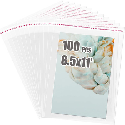 Self Sealing Cellophane Bags 100 PCS Clear Resealable Sleeves Bags for 8.5X11 Ph