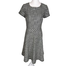 Talbots Tweed Dress Black White Metallic Fit Flare Short Sleeve Size 10 Career