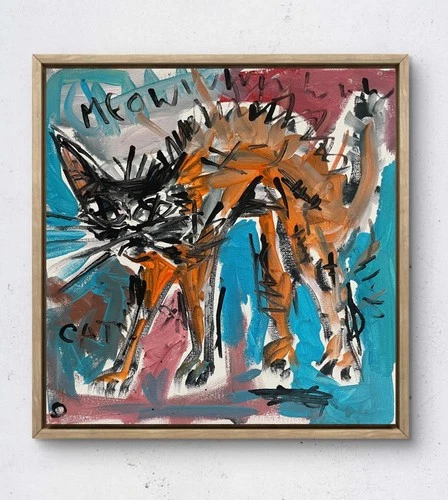 OMAN Original Abstract Cat Painting 12x12 Canvas Art Modern Neo Expressionist