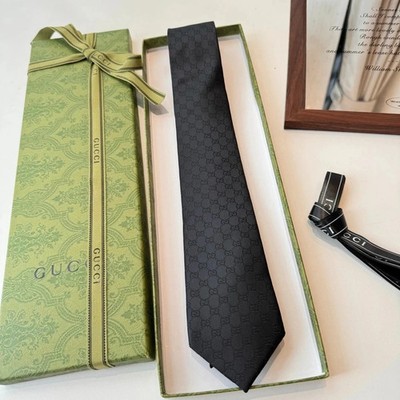 Luxury Italian Silk Tie GG Pattern Black Jacquard Necktie Designer Style NIB