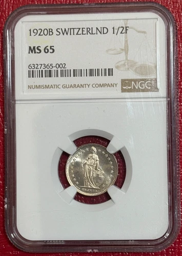 NGC MS65 1920 B SWITZERLAND SILVER 1/2 FRANC COIN-JUL084