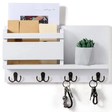 Rustic Wall Key Holder White Wooden Mail Sorter with 4 Hooks Farmhouse Decor