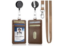Leather Badge Holder 1 Retractable Badge Reel,4 Card Slots ID Card Holder