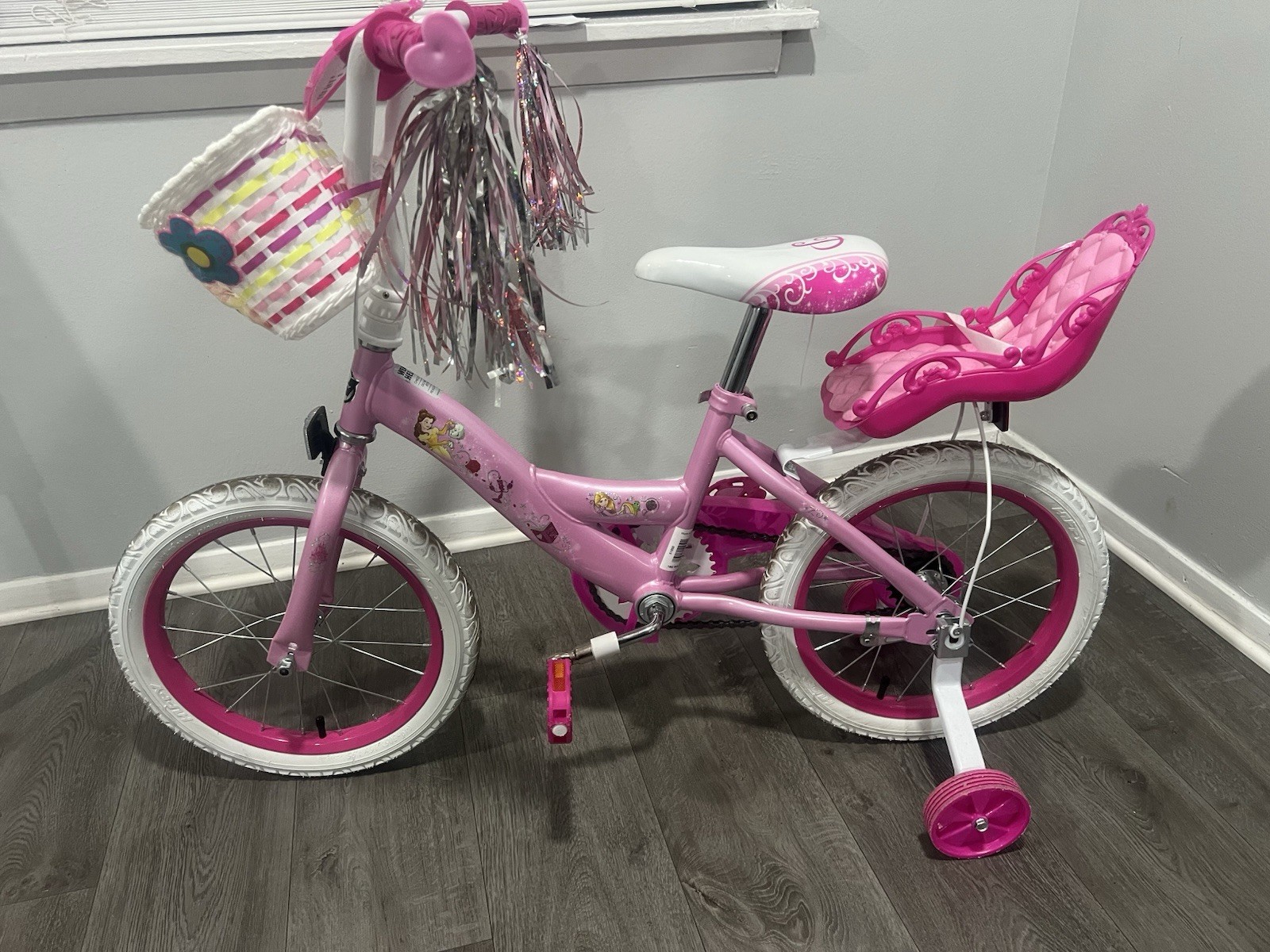 Disney Princess 16" Girls Bike Pink Basket Training Wheels Doll Seat