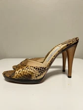 JIMMY CHOO WOMEN OPEN TOE HIGH HEEL MULES, BROWN/CAMEL SNAKE LEATHER EU 40 US 10