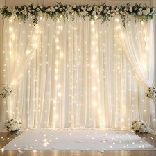 10ft x 10ft Ivory Chiffon Backdrop Curtain with Lights String for Parties,2