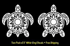 Sunflower Sea Turtle Tribal Design 2 Pk 5" White Vinyl Decals - Any Flat Surface