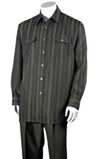 Men's 2pc Walking Suit Long Sleeve Striped Shirt w/ Solid Pants Set Olive