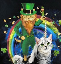  Funny Rainbow Leprechaun T-Shirt Mens  M Rides Unicorn Kitty Cat Caticorn Meow