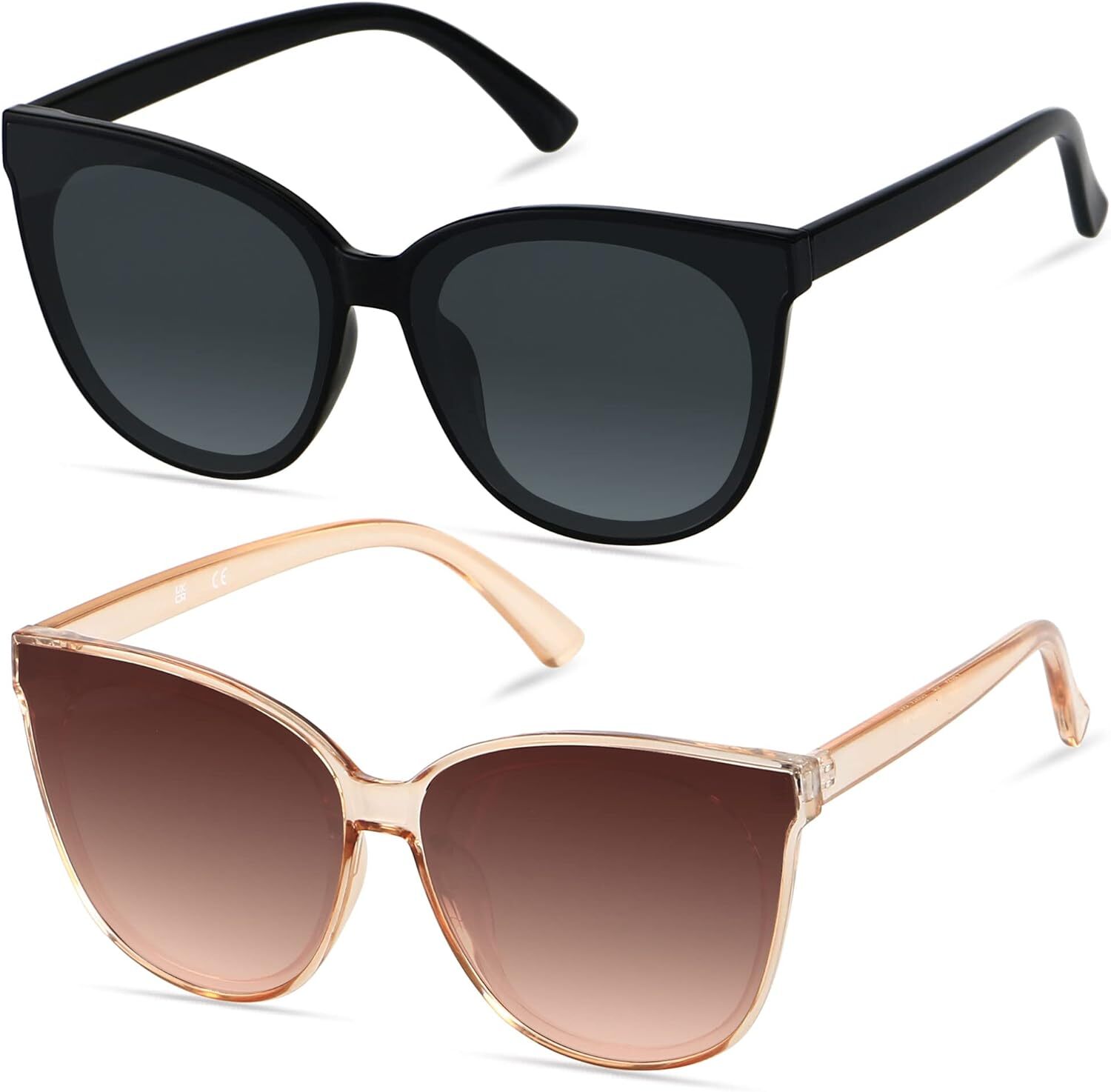 LYZOIT Women's Oversized Cat Eye Sunglasses 2-Pack Black & Champagne-image