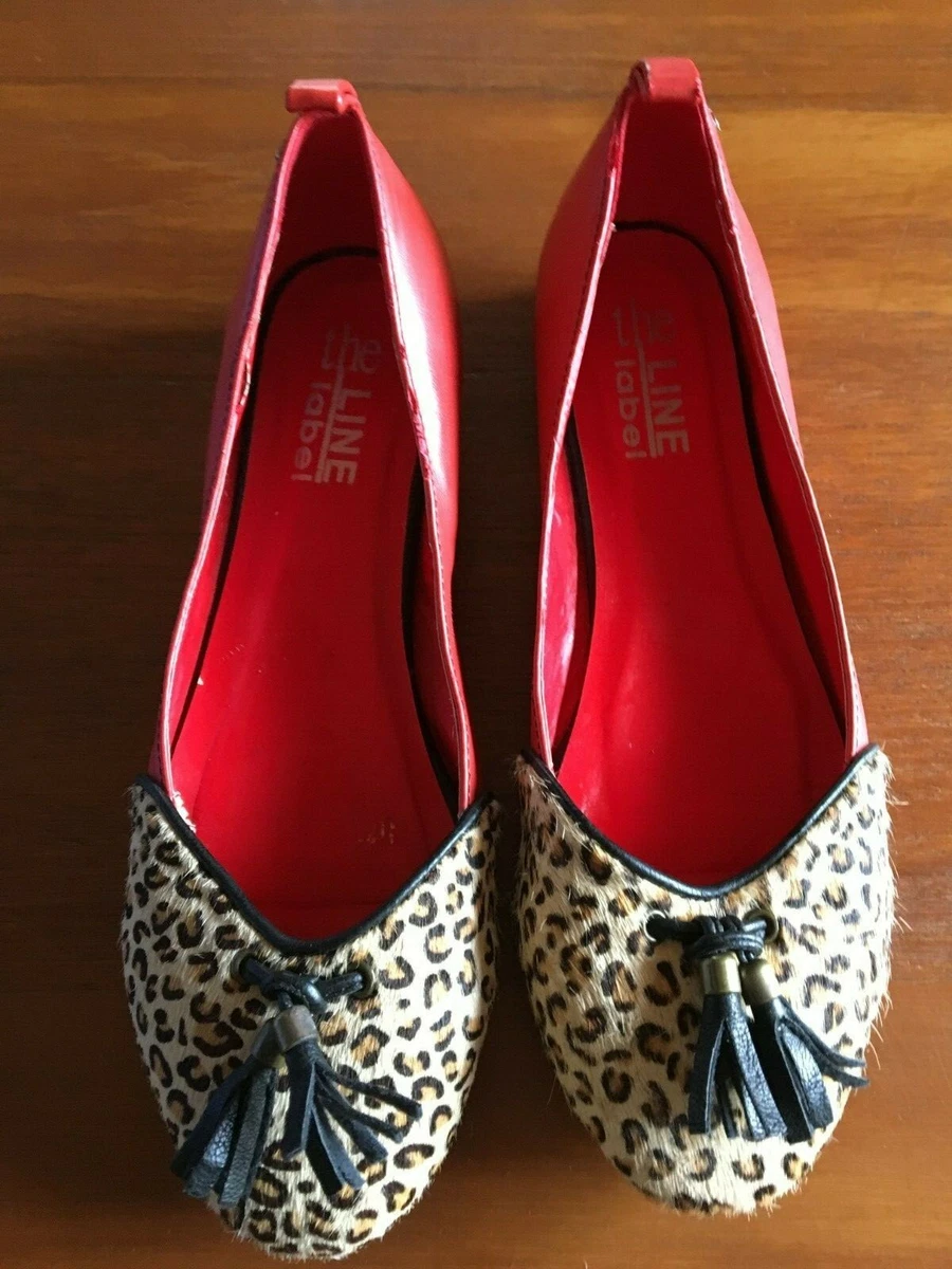 THE LINE LABEL Red Cheetah Print Round Toe Tassel Front Stud Heel