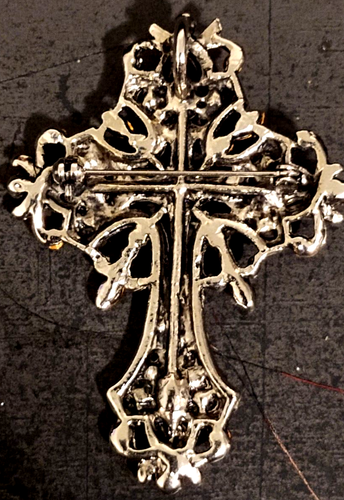 Vintage Statement Ruby Red Crystal Filigree Cross Brooch/ Pendant In Silver Tone - Picture 2 of 2