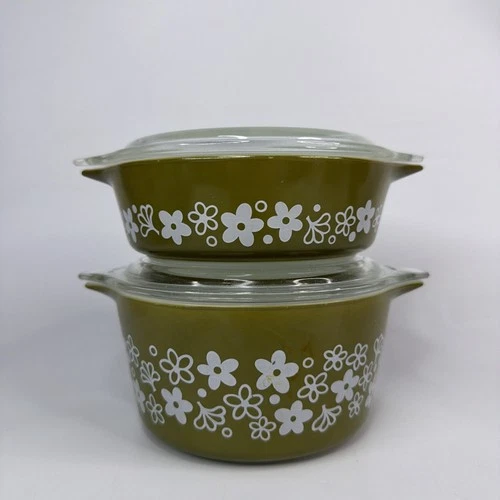 Pyrex Spring Blossom-Crazy Daisy Dishes w/lids 1 QT 473, 1 PT 471 Vintage Read