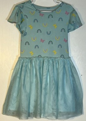 Epic Threads Little Girl Sz 5 Dress Short Sleeve Blue w/ Rainbows Tutu Skirt EUC