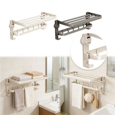 Towel Rack Wall Mount for Bathroom with Towel Bar and Hooks Foldable Towel Shelf
