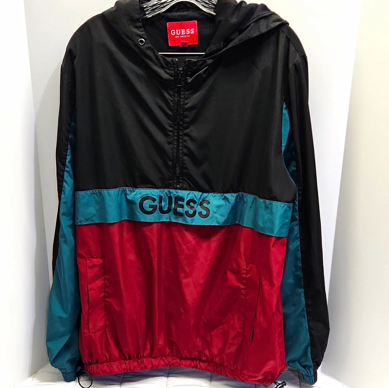 GUESS Los Angeles Men’s L Colorblock Hooded Full Zip Windbreaker Black/Teal/Red - product detail image 1