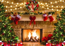 Christmas Backdrop Fireplace Photo Background with Christmas Tree for Theme P...