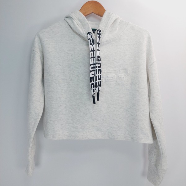 Guess Crop Hoodie Womens Small Grey Cropped Hood Drawcord Cotton Blend