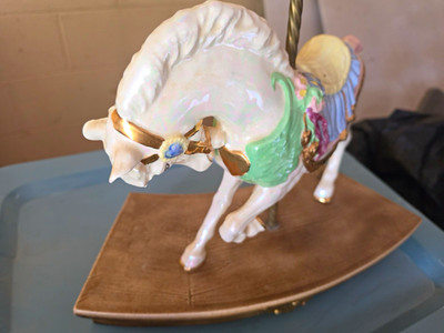 Ceramic Carousel Horse Figurine Glossy White w/ Gold & Multicolor Accents