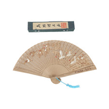 Japanese Wooden Carved Cutouts 9  Folding Fan Crane Bird Paint Original Box