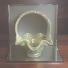 Vintage Fenton Sea Mist Green Opalescent Iridescent Ruffled Glass Basket Twisted