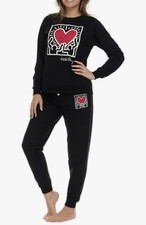Keith Haring Womens 2 PC Lounge Set, Black, NWT, Jogger, S, Sleepwear, Fleece