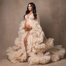 Elegant Fluffy Maternity Dress Tulle Pregnant Women's Front Split Ruffle Robes