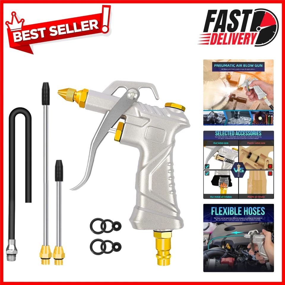 Heavy-Duty Air Blow Gun - Silver Duster Tool with 3 Flow Extensions for Cleaning - Image 1 of 4