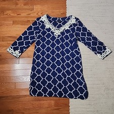 Lands End Tunic Swim Cover Up XS Womens Blue White Preppy Coastal Embroidered