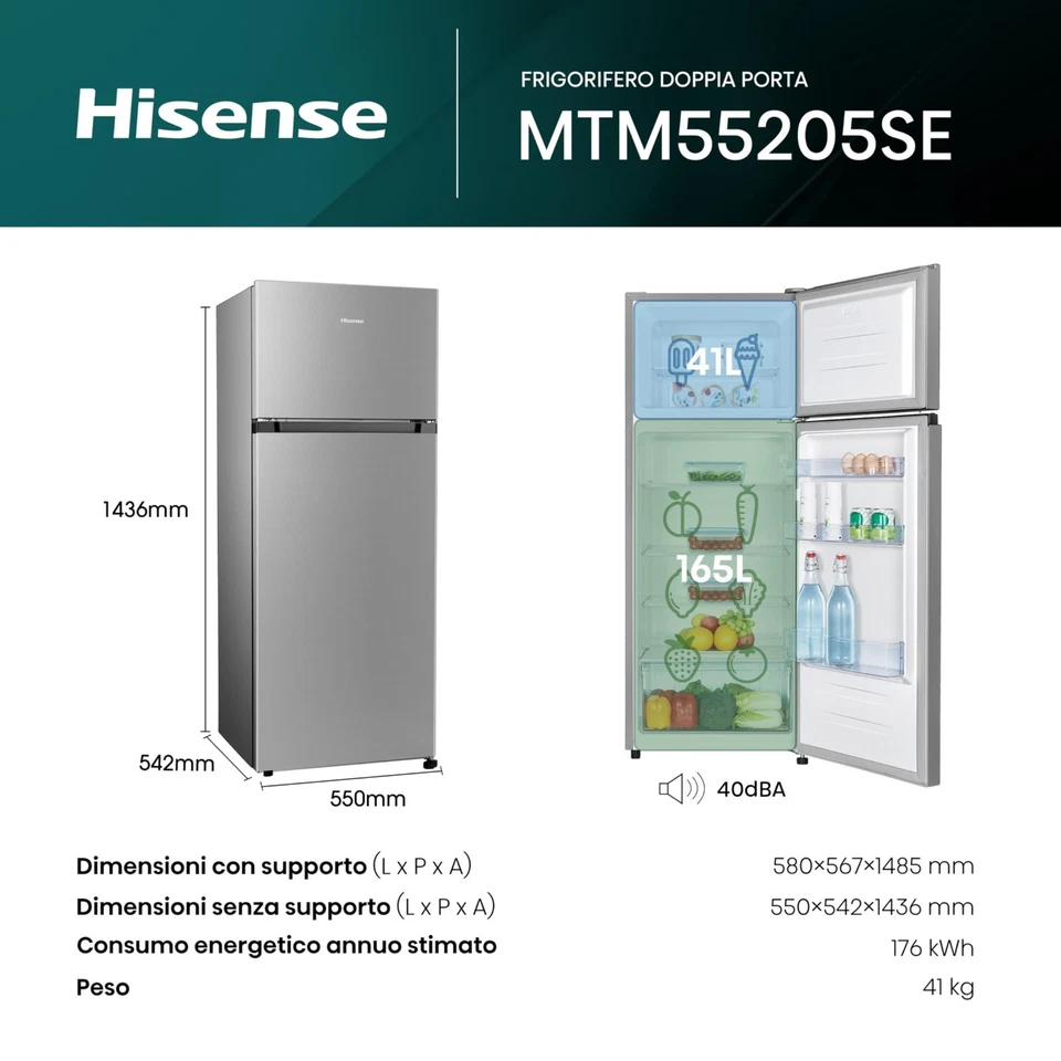 Frigorifero Hisense 206 L Doppia Porta, Libera Installazione MTM55205SE - NUOVO - Immagine 2 di 4