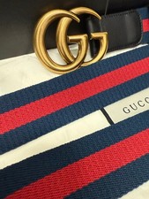 Gucci GG Buckle Marmont Blue Red WEB Black Leather Belt 105 cm, Fits 36/38 Waist
