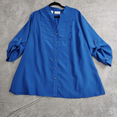Royal Blue Kathy Che Stretch Blouse Size 22/24W Roll Tab Sleeve Button Up
