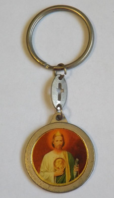 St Saint Jude silver tone blessed relic medal key chain ring patron of hope