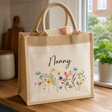Personalised Floral Jute Tote Bag with Name - Wild Flower Cotton Canvas Shopper