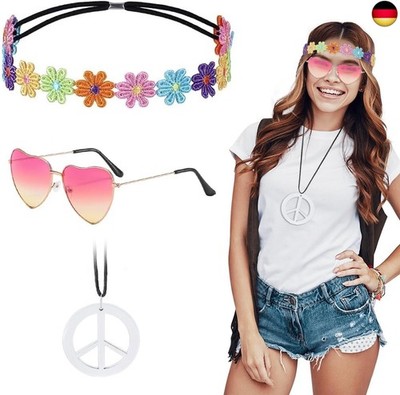 Hippie Accessoires, Hippie Brille + Peace Kette + Blumenkranz Haare Hippie, Hipp