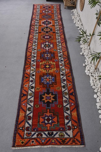 Vintage Turkish Herki Runner Rug 2,6x11,7 ft, Red Abstract Rug Wool