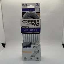 Copper Fit Infused Sport Ankle Socks 3 Pair White S/M Size Men 5-9 Women 6-10