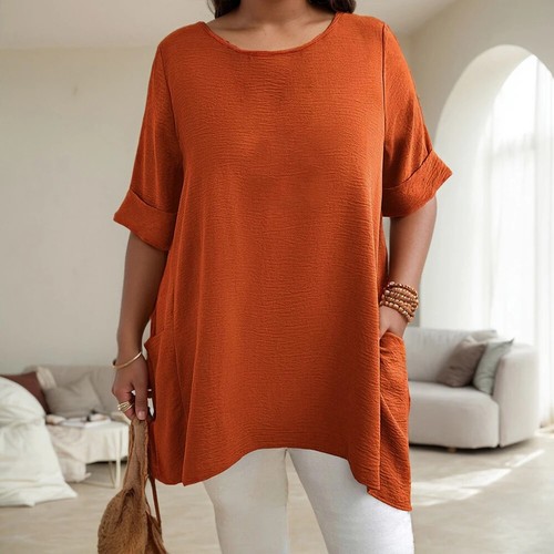 Women Short Sleeve T-Shirt Casual Solid Tees Tops with Pocket Plus Size Loose - Picture 16 of 28