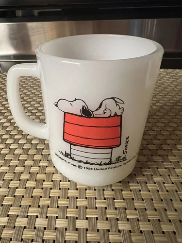 Vintage 1959 Fire King Peanuts Snoopy Coffee Mug I Think I'm Allergic to Morning