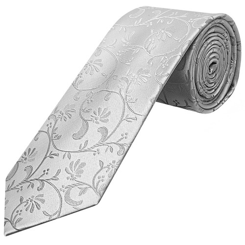 Silver Floral Classic Men's Tie and Pocket Square Set Wedding Formal Tie Hanky - Picture 2 of 4