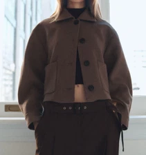 Women's Cropped Wool Jacket Brown Trending Highstreet Fall Jacket With Pockets