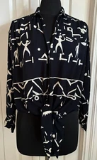 Raiment Fashions Vtg Abstract Black & Ivory Tie Front Blouse Small Rayon