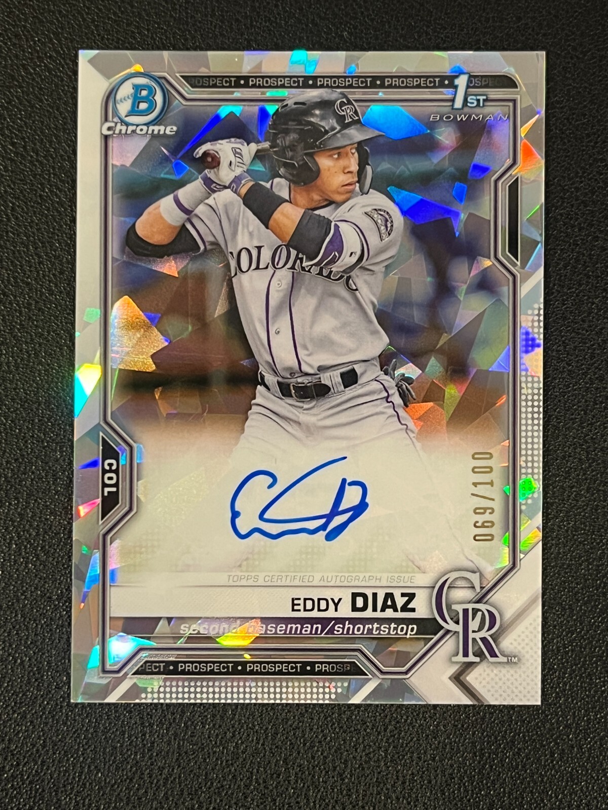 Eddy Diaz 2021 Bowman Chrome 1st Auto Atomic Refractor /100 Rockies