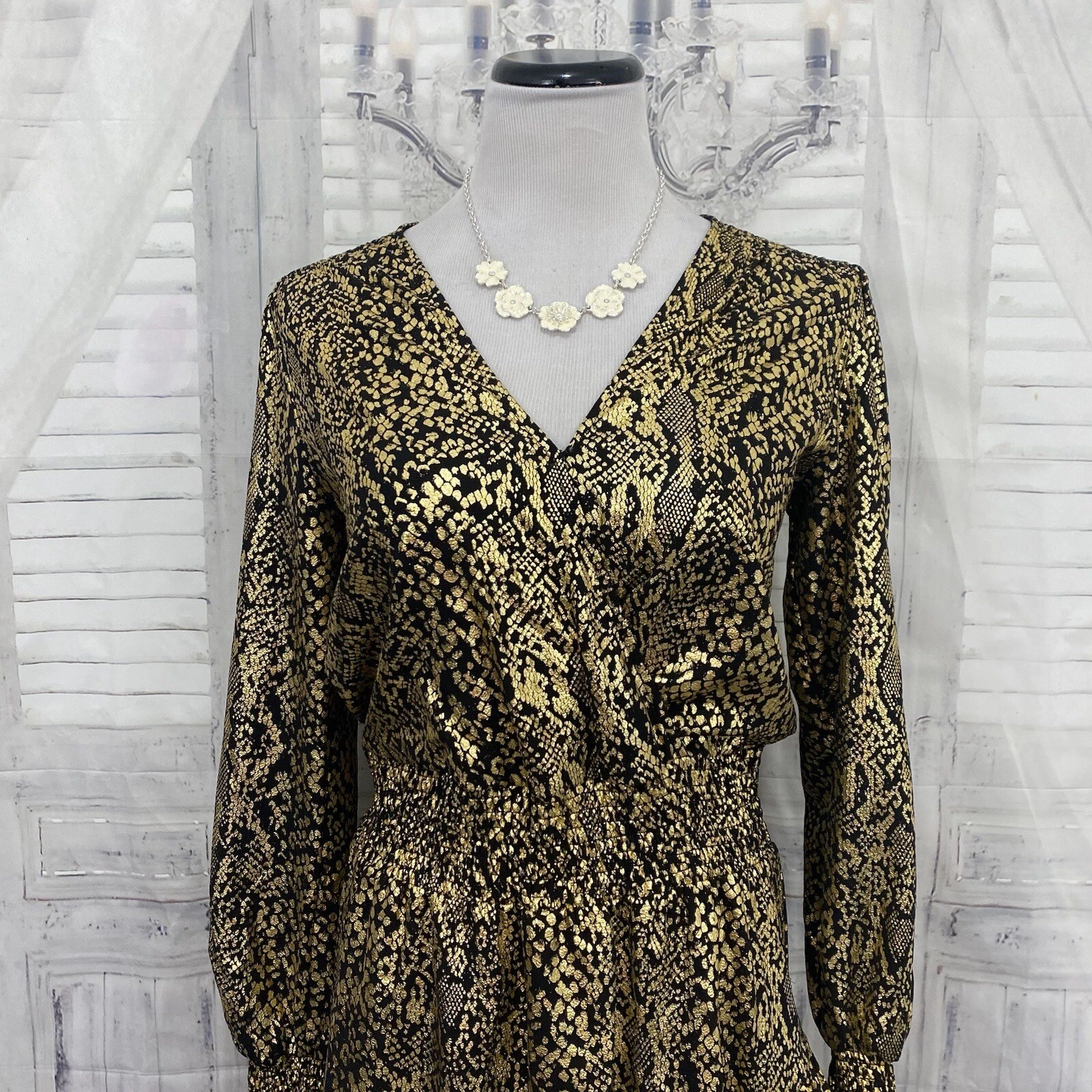 Abito Michael Kors taglia small manica lunga surplice increspato pelle di serpente oro nero B61