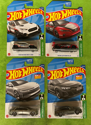 4 NEW 2022 HOT WHEELS FORD MUSTANG MACH-E,NISSAN LEAF,LUCIO AIR,AUDI RS E-TRON E