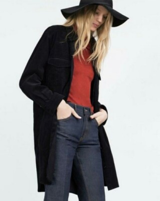 Zara Basic Outerwear Long Black Corduroy Overshirt Button-Up Jacket Size Medium