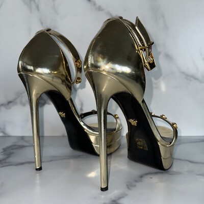Versace Icon Medusa Stud Gold Patent Platform Sandal Heels Versace Icon Medusa Stud Gold Patent Platform Sandal Heels