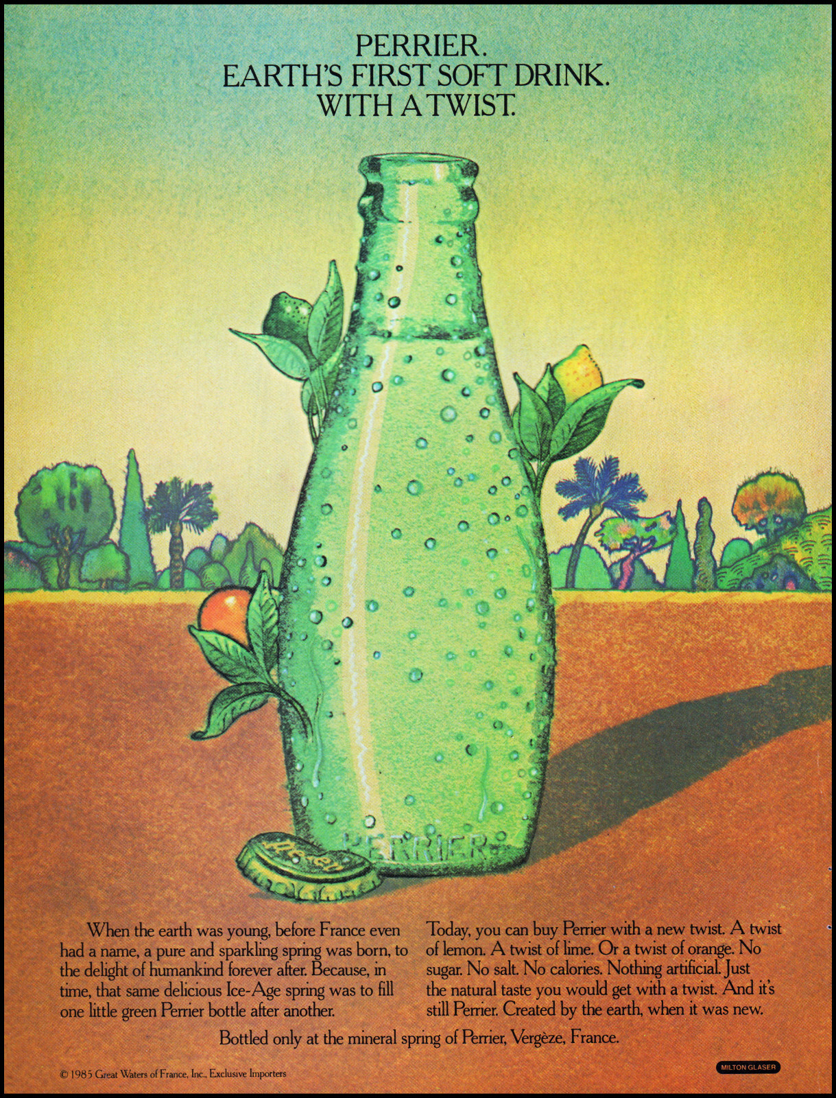 1985 Perrier Water bottle art earth's first soft drink retro print ad