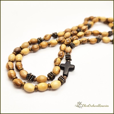 Handmade Holy Land Olive Wood Oval Beads Stretch Rosary Necklace Bracelet